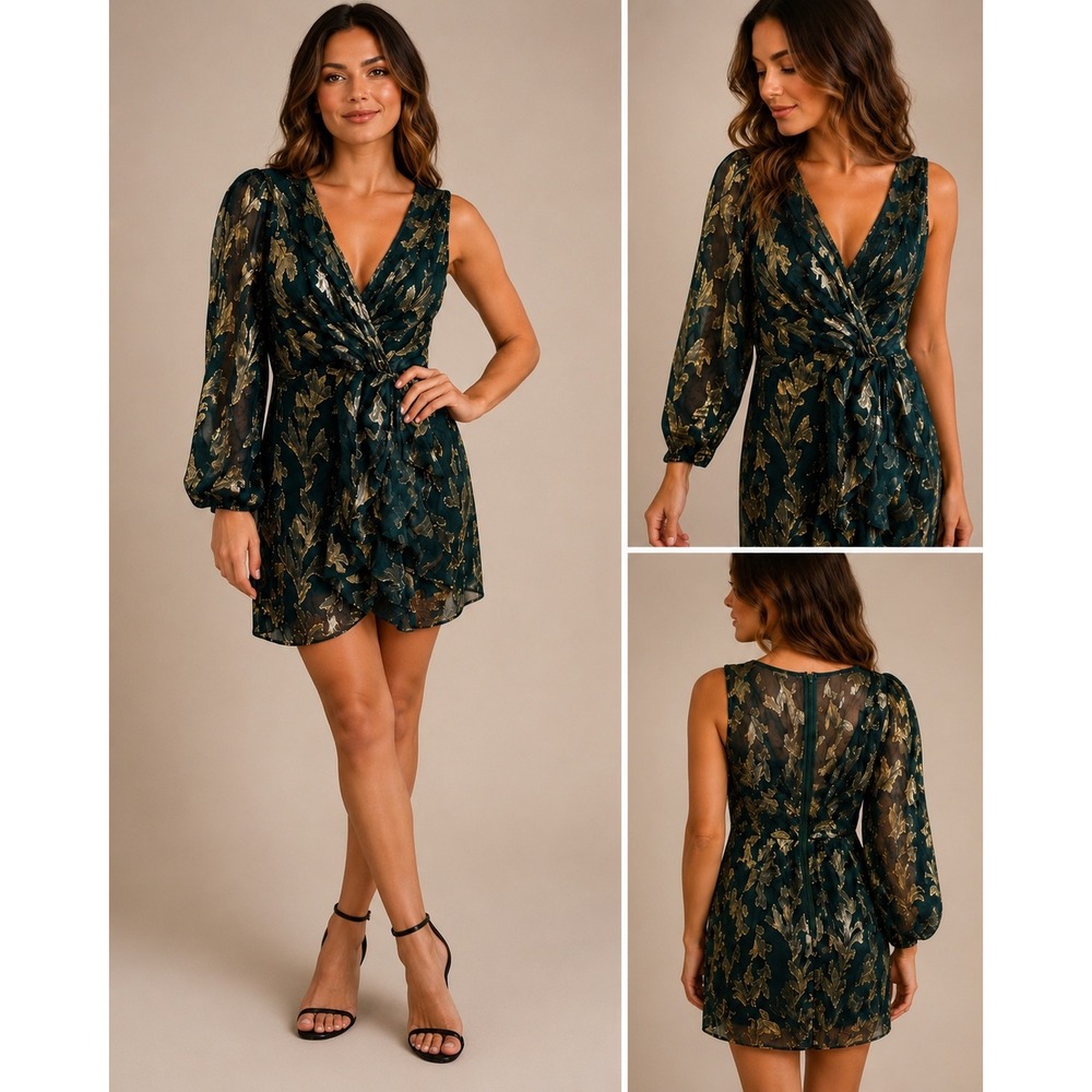 BCBGMAXAZRIA Green Gold Metallic Silk One Shoulder Mini Dress Size 4 Cocktail